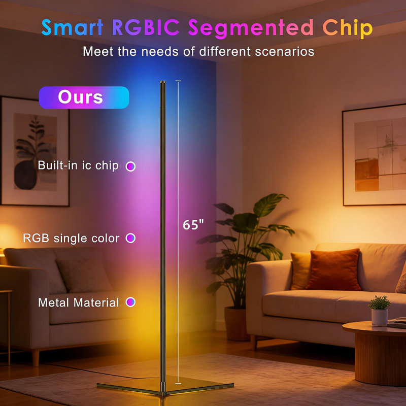 Lampe sur pied d'angle avec synchro musicale, lumière DEL intelligente de 65 pouces avec application Bluetooth et télécommande, 16 millions de couleurs, 398 modes et plus, minuterie 24H pour un éclairage d'ambiance moderne
