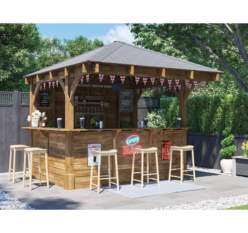 Dunster House Garden Bar 3 x 3 metres Wooden Outdoor Pub Shed Gazebo Leviathan (Back Walled)