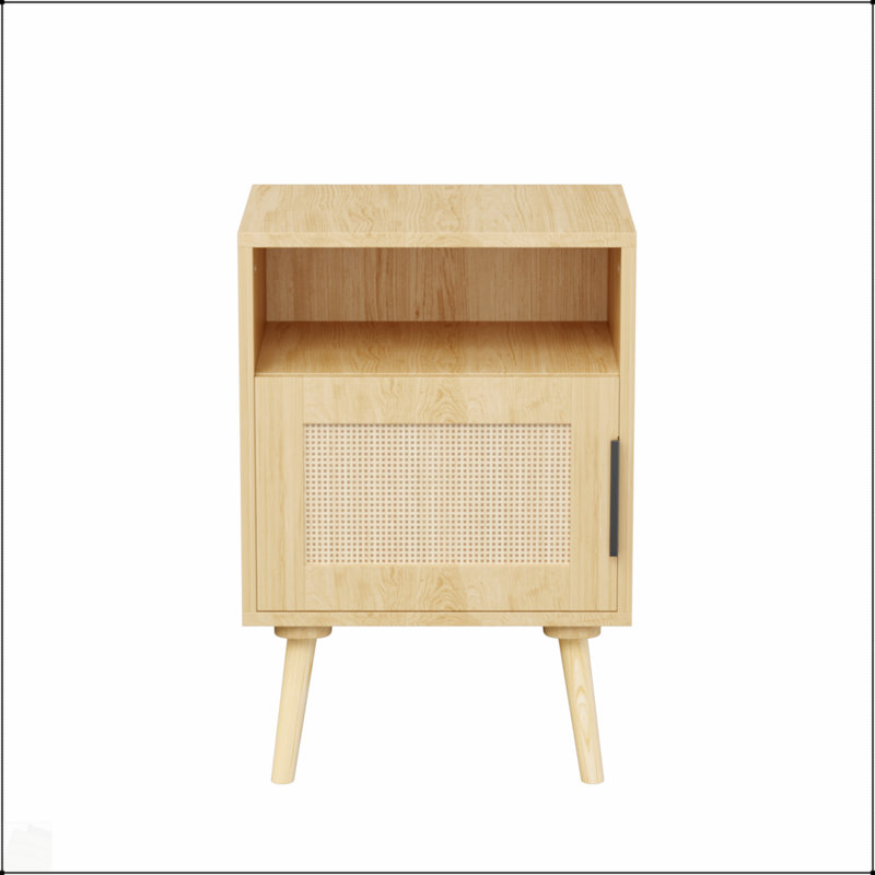 Table de chevet en rotin avec porte et tablette ouverte - Pieds en bois massif - Table de bout de chevet décorative pour chambre / dortoir / petits espaces