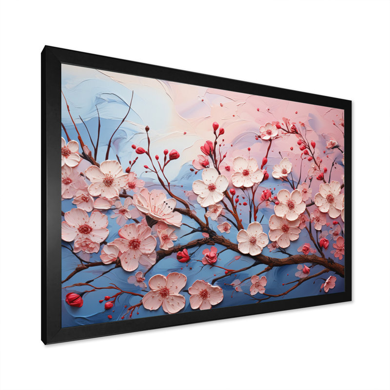Fleurs de cerisier roses et bleues II - Fleurs de cerisier, H 24 po x l 32 po x P 1 po, Cadre simple noir