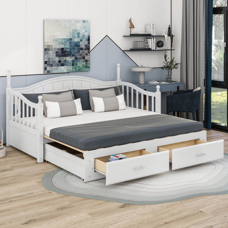 Cladia Wooden Twin Size Daybed With Twin Size Trundle, Extendable Daybed With Two Storage Drawers, White