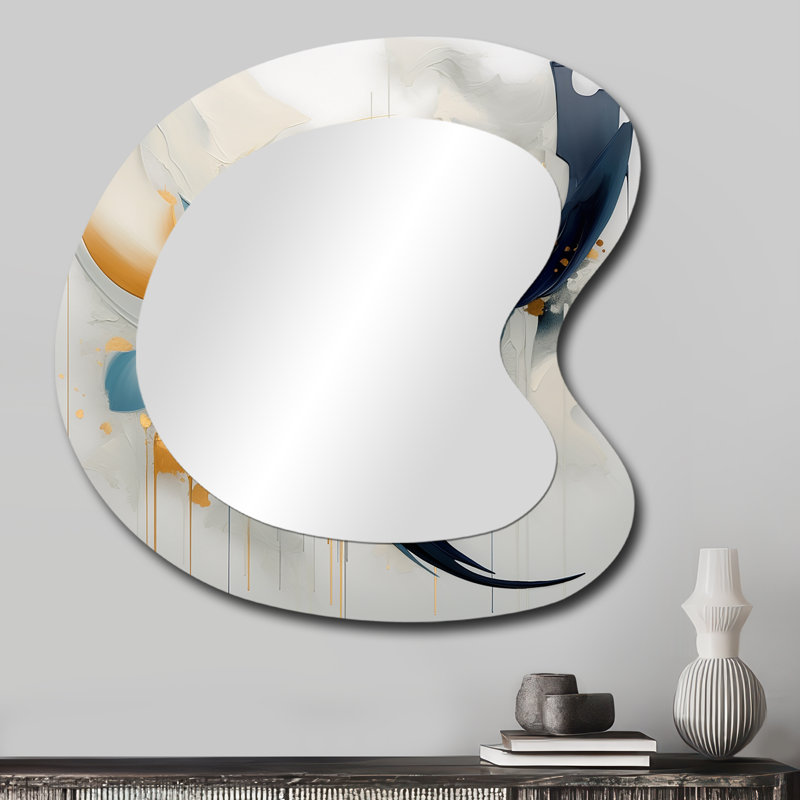 Fitim Abstract golden blue Whirls of serenity I - Fractal Asymmetrical Decorative Wall Mirror, Gold Unique Shape Large Mirror, Printed Metal Art