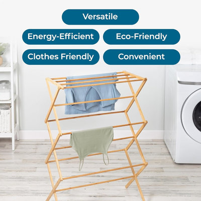 Bamboo Clothes Drying Rack, Natural Finish, Sturdy Foldable Laundry Rack, Space-Saving Portable Design For Clothes, Towels, Blankets & Delicates, Indoor & Outdoor Use, Modern Eco Style