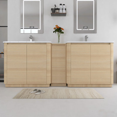 Meuble-lavabo autoportant de 84 po avec lavabo en céramique blanche et 1 armoire de rangement, portes à fermeture douce, chêne blanc américain