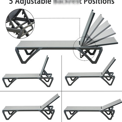 Patio Chaise Lounge Chair  3  - Outdoor Grey Aluminum Chairs With Adjustable Backrests & Side Table For Yard, Balcony, Poolside, Beach Polypropylene 5 Positions Beach, Poolside  3  Function