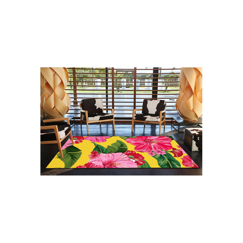 Tapis tissé à motif floral jaune moderne Modern, Sous-tapis carré 3 pi 3 po inclus