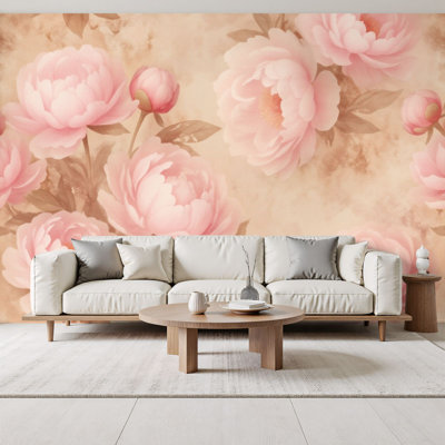Papier peint auto-adhésif avec pivoines roses et aquarelles à motif floral rétro H 69 po x l 96 po, papier peint amovible en PVC, autocollant, décoration murale pour chambre à coucher, salon, chambre de bébé