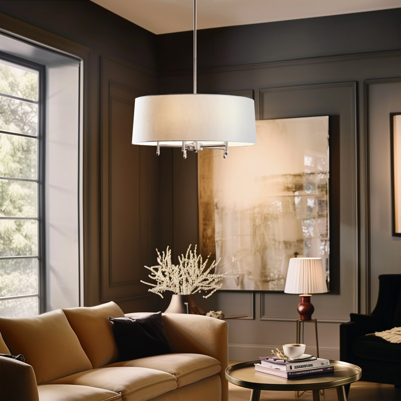 Presidio 5-Light Dimmable Chandelier with Drum-shaped Fabric Shade & Adjustable Height, Silver/White