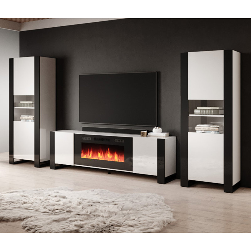 Rushank Modern Entertainment Center for TVs up to 88" with Electric  Fireplace Included, White/Black