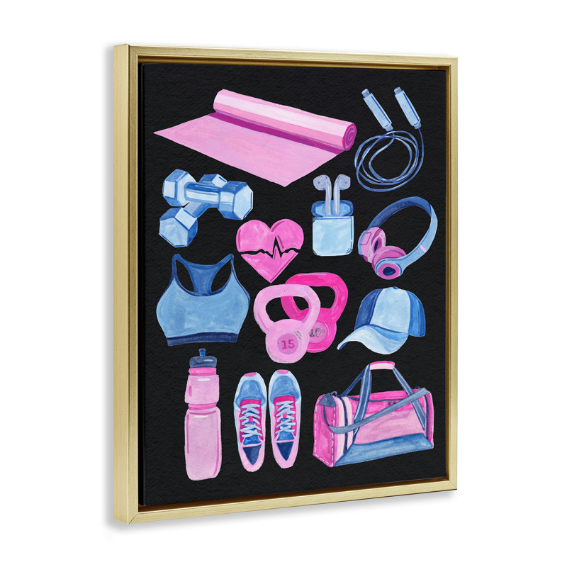 "Bold Workout & Exercice", art mural encadré par Melissa Wang, Cadre flottant métallique doré, H 21 po x l 17 po