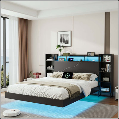 Twin Floating Bed Frame with USB Charging, Storage Headboard, and LED Lights