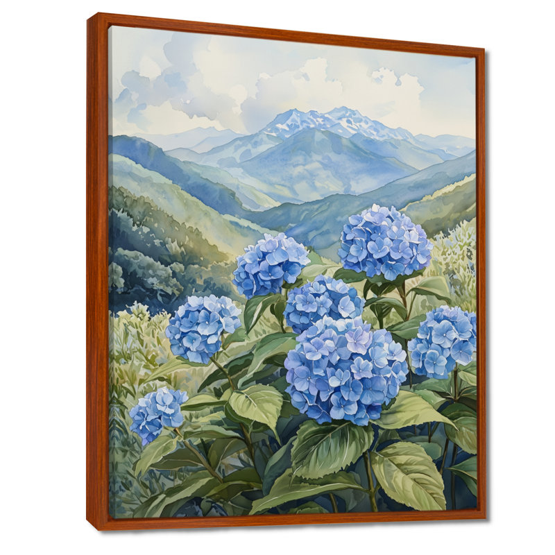 Hortensias dans la prairie de montagne I - art mural d'hortensias pour le salon, Brun, Impression encadrée flottante