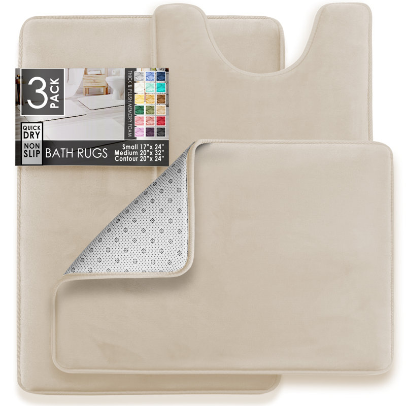 Aighan 3 Piece Ultra Soft and Absorbent Memory Foam Bath Rug Set with Non-Slip Backing, Linen