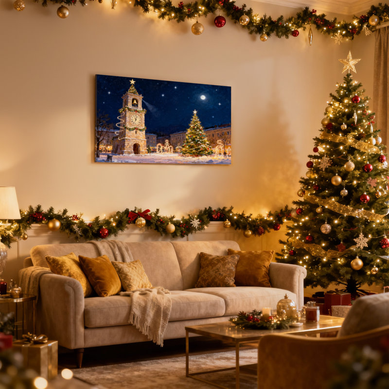 Scène de nuit de Noël avec tour de l'horloge et arbre, ensemble de 3 impressions sur toile, H 12 po x l 18 po