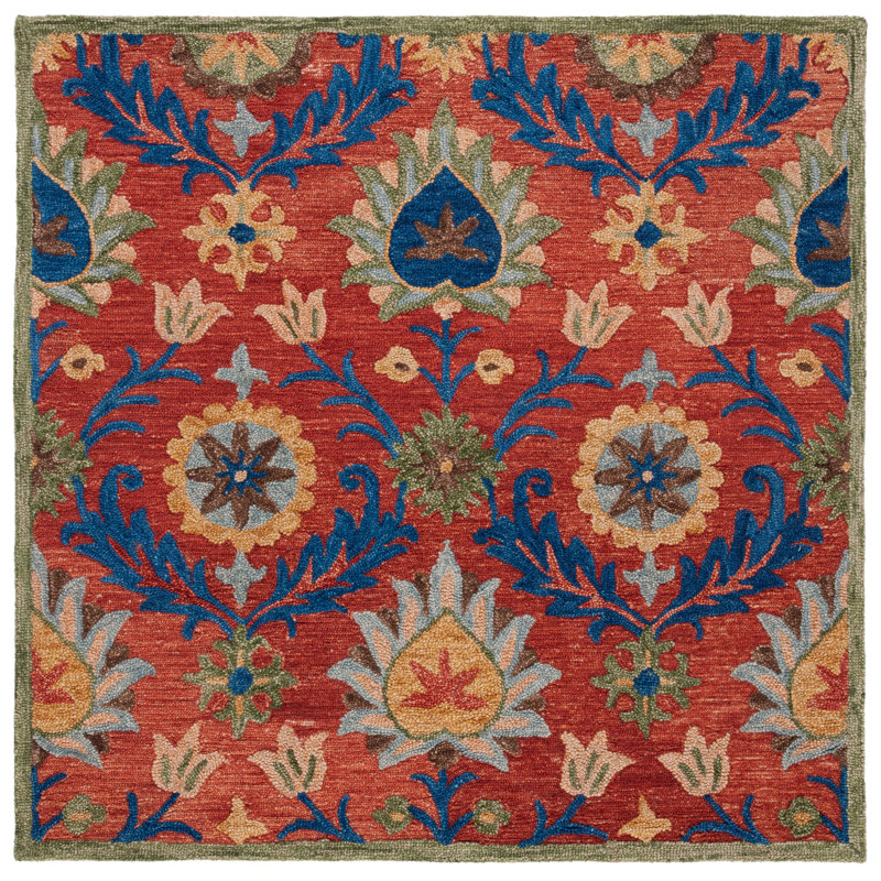 Gulledge Oriental Handmade Tufted Red/Blue/Yellow Area Rug, Square 6'