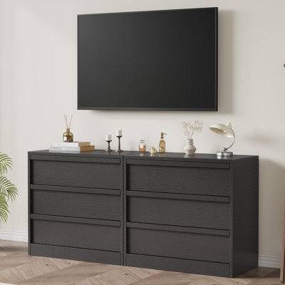 Table de chevet à 3 tiroirs grain de bois noir, commode PB avec poignées en bois, armoire de rangement anti-basculement