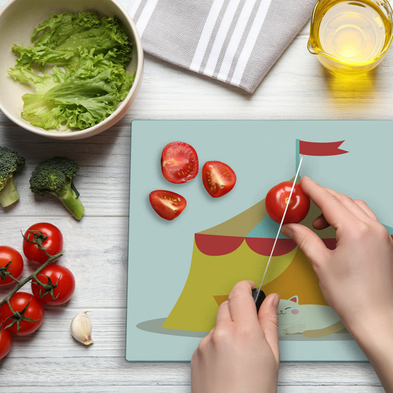 Ambesonne Kitten Cutting Board Large Size Furry Cat in a Circus Yellow Red