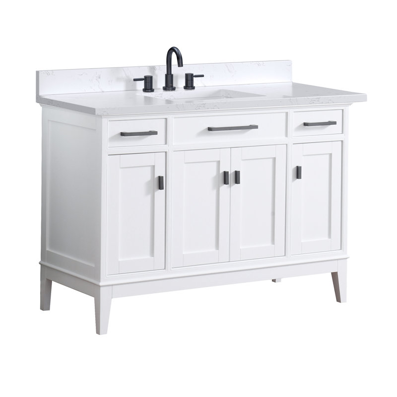 Meuble-lavabo simple 48 po avec plateau Anglet, Blanc, Pierre artificielle blanche Cala
