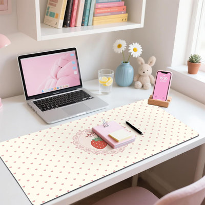 Cute Strawberry Pink Love Heart Extended Gaming Keyboard Mouse Pad, Non-Slip Leather Home Office Desk Mat Protector, Large Laptop Desk Pad Writing Pad 27.5" x 12"