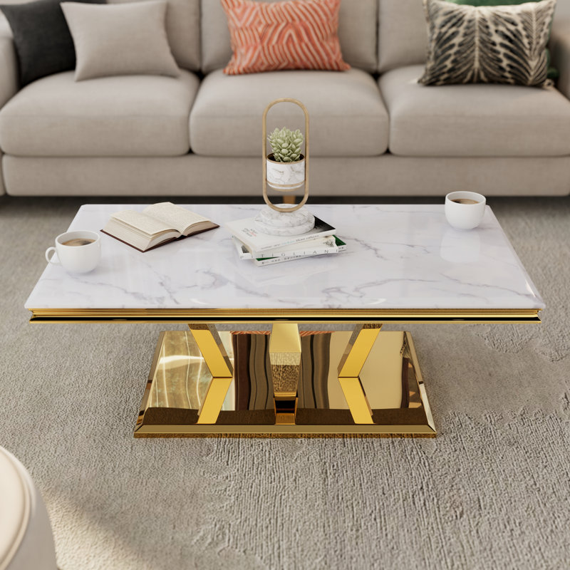 3 Piece Living Room Table Set, White, Gold