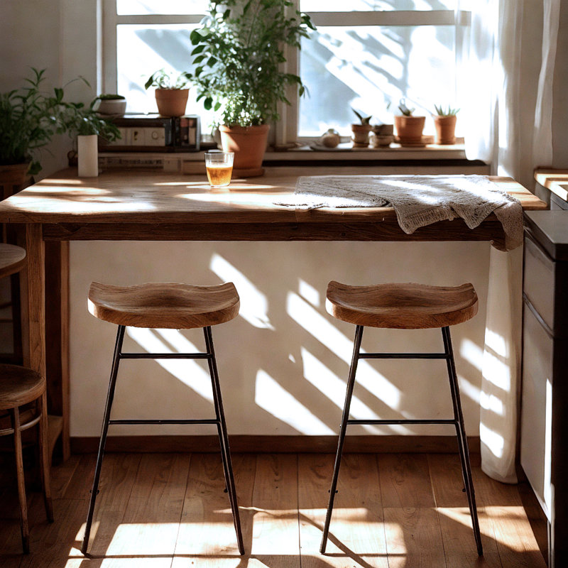 Modern Industrial Bar Stool With Stained Mango Wood Seat And Black Metal Base