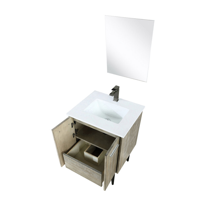 Meuble-lavabo rustique de 61 cm de largeur, comptoir en quartz blanc, robinet en métal et miroir de 46 cm - Meuble-lavabo teinté avec protection anti-rayures, comptoir durable de 51 cm de profondeur