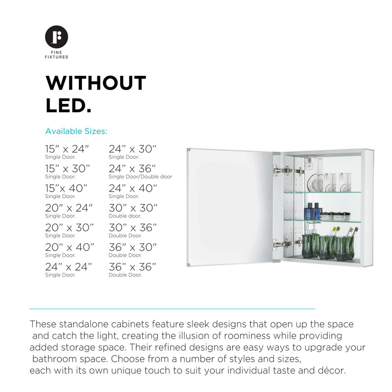 Aluminum Frameless Recessed or Surface Mount Medicine Cabinet with 165° Soft-Close Hinges and Adjustable Glass Shelves