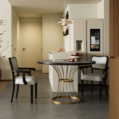 Table de salle à manger ronde en chêne foncé de 42 pouces avec table en placage d'aspect bois massif, 2 chaises rembourrées en noyer confortables, base en fer robuste pour décor de cuisine
