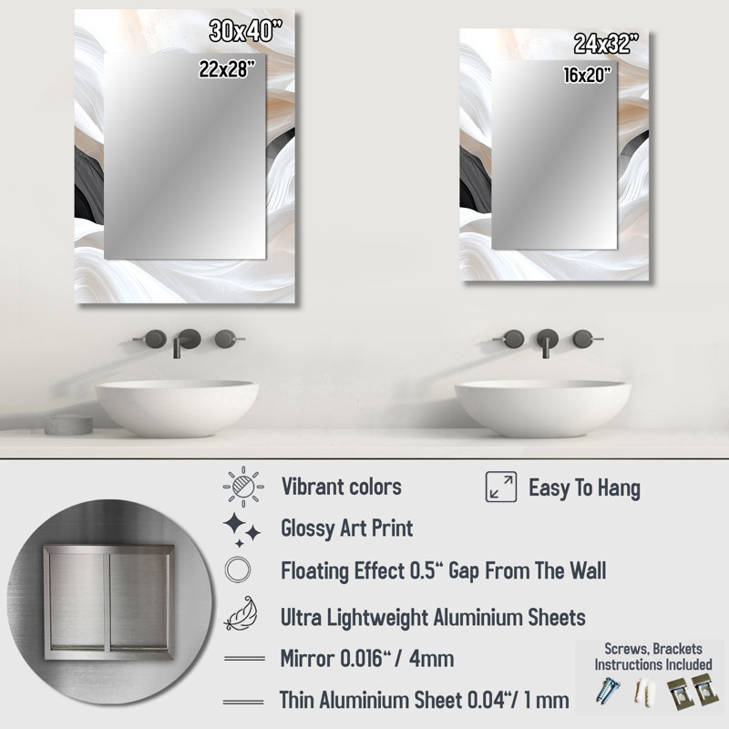 White Ripples Of Stone IV - Waves Decorative Mirror, Modern Wall Mirror, Printed Metal Art, 40" x 30"