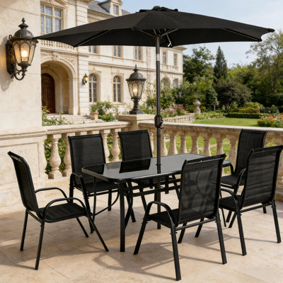 Ensemble de conversation extérieur 8 pièces avec parasol inclinable