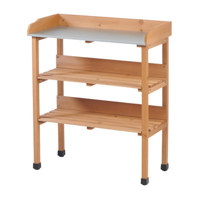30 inch 3-Tier Solid Wood Potting Table with Metal Tabletop - Outdoor Garden Workbench with Side Hooks for Planting, Gardening Tools Storage and Patio Workstation