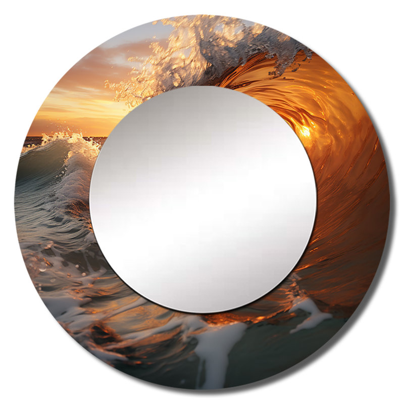 Sarahrose Minimalisme jaune vague lever de soleil - miroir décoratif bord de mer, grand miroir mural bord de mer, impression sur métal