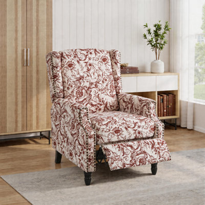 Upholstered Classic Wing Back Manual Push Back Recliner With Naihead Trims And Solid Vase-Shape Wooden Legs