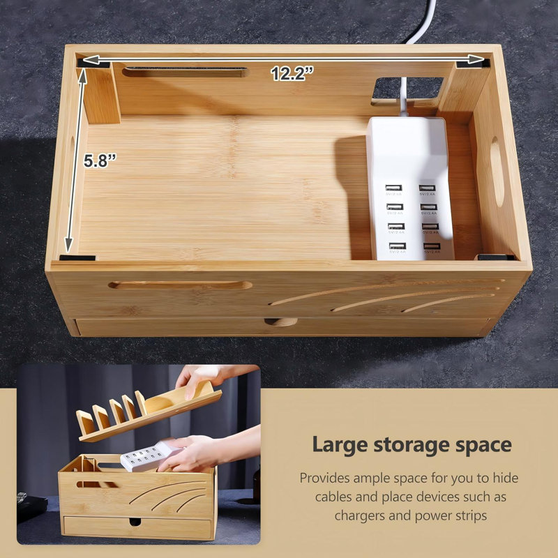 Natural Bamboo Charging Station Rack,With 6 Slots Drawer