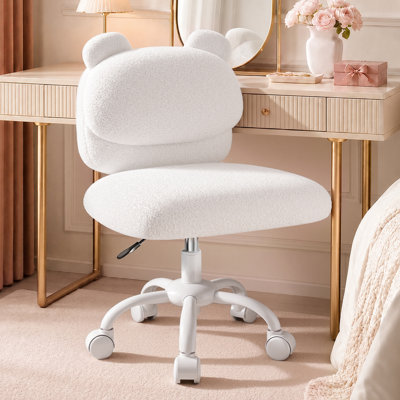 Office Chair Featuring Soft Teddy Fleece Fabric, Spacious Seat, and Smooth Rolling Casters. Offers Adjustable Height and  "Bear Hug" Style Backrest, Making  Comfortable, Compact Vanity Chair for The Bedroom.