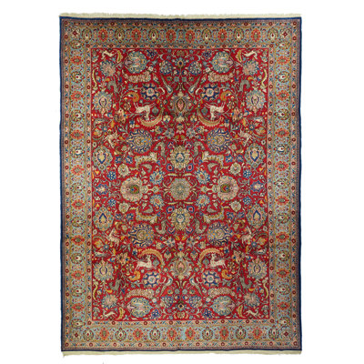 Tapis rouge en laine noué à la main de conception unique 9 pi x 12 pi