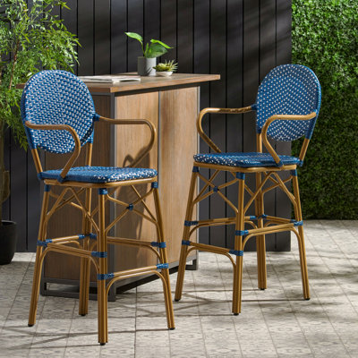 Ensemble de 2 tabourets de bar d'extérieur, osier en polyéthylène et aluminium de style français 29,5 po