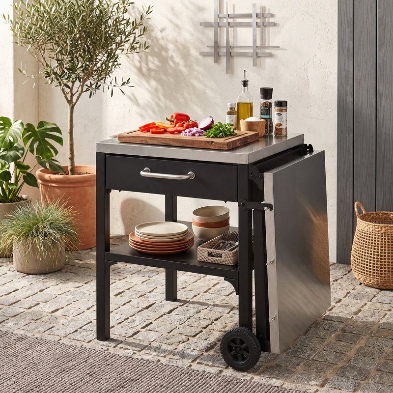 Chariot de cuisine pliable pour l'extérieur avec station de préparation sur roulettes, tiroir et tablette inférieure, Noir