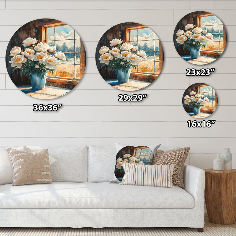 Pivoines dans la grange d'hiver II - impression de décoration murale traditionnelle en métal blanc, H 29 po x l 29 po