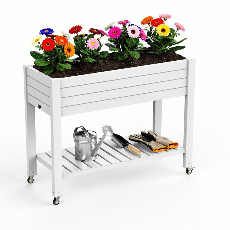 Elevated Raised Garden Bed With Wheels And Storage Shelf, Drainage And Water Monitor