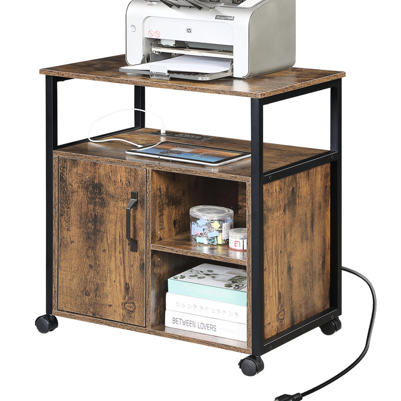 Classeur et support pour imprimante avec prise intégrée, capacité de rangement de lettres A4, armature en métal, installation rapide, apparence rustique brun noir, rangement, cadre, installation facile, finition