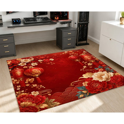 Tapis de fête du Nouvel An chinois lavable à la machine avec envers antidérapant, tapis de sol à motif floral de lanterne rouge, décoration intérieure confortable pour le salon, la chambre à coucher, le vestibule, la cuisine, le balcon, l’appartement