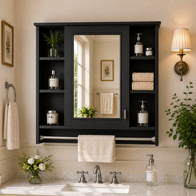 Luxe 36 in. W x 28.7 in. H Rectangular MDF Modern Wall Mounted Bathroom Medicine Cabinet with Mirror in Black