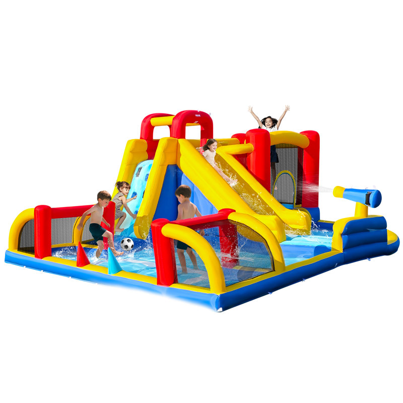 Glissade d'eau gonflable de 16 pi x 11 pi pour les enfants avec souffleur d'air, parc aquatique géant 8 en 1 avec 2 minutes de soufflage pour la cour extérieure avec zone de soccer, glissade longue, piscine, maisonnette gonflable