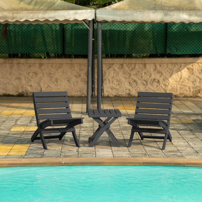 Grandcourt Fully Assembled All-Weather Outdoor Folding Patio Chair and Table 3 Piece Set, Black