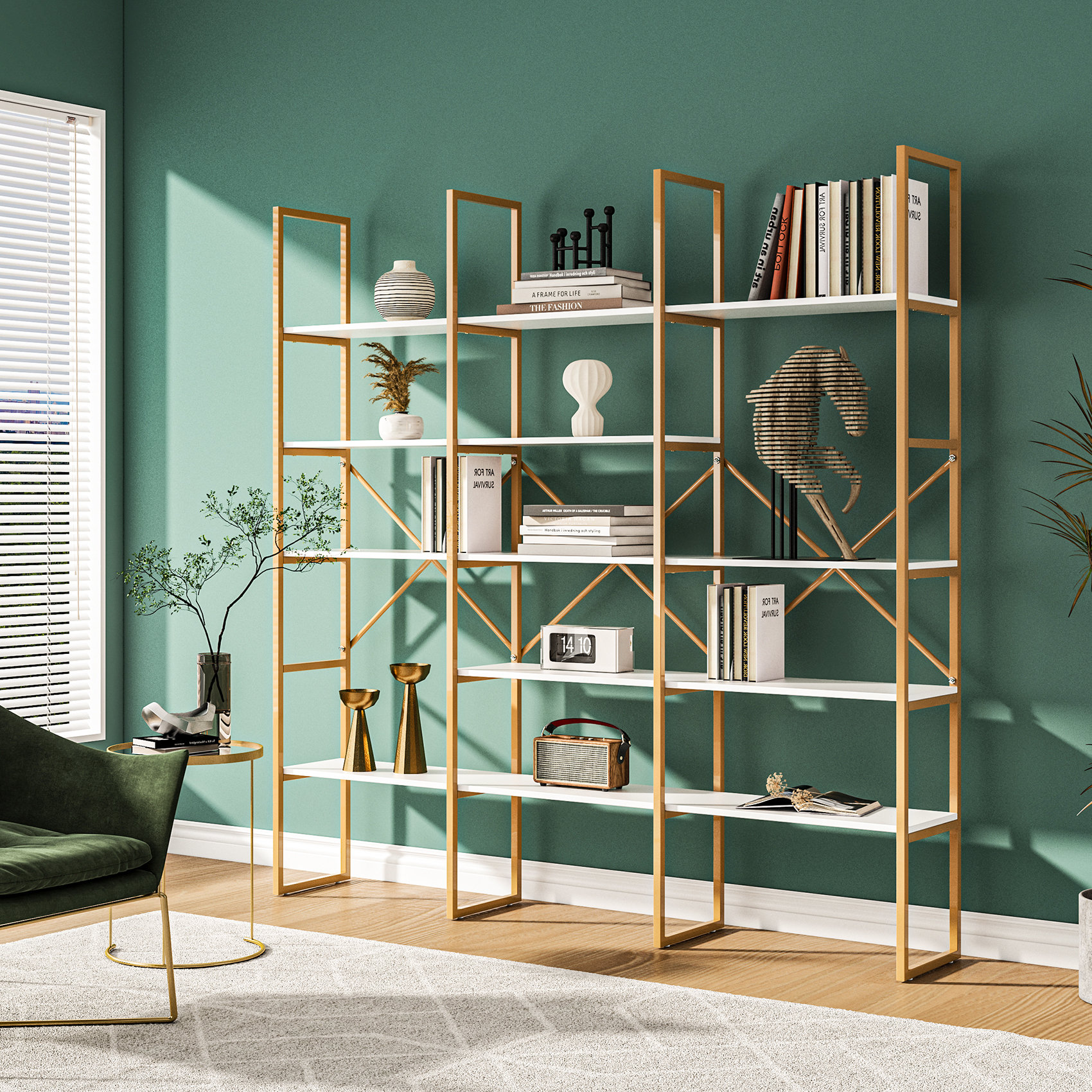 https://assets.wfcdn.com/im/66588405/compr-r85/2278/227804187/jasmine-rose-71-gold-bookshelf-5-tiers-geometric-bookcase-display-shelf.jpg