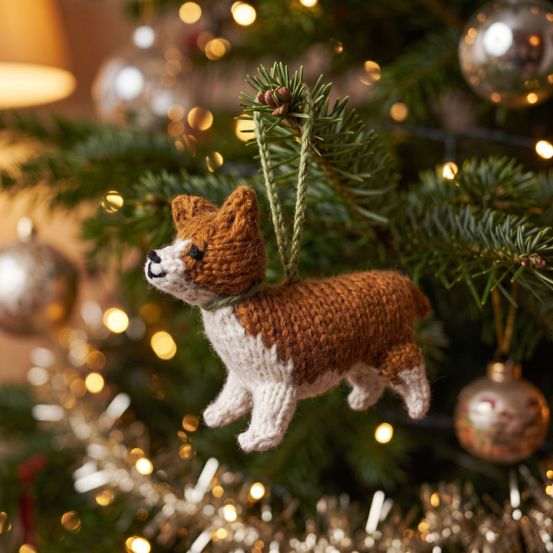 Ornement de Noël en laine d'alpaga tricoté à la main - chien Corgi