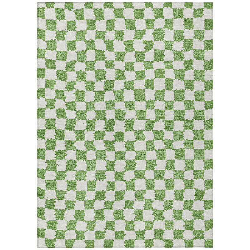 Machine Washable Indoor/Outdoor Xhevrie Green Rug, Rectangle 10' x 14'