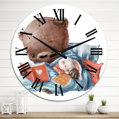 Adorable ourson en peluche avec petit lièvre blanc I - horloge murale pour enfants