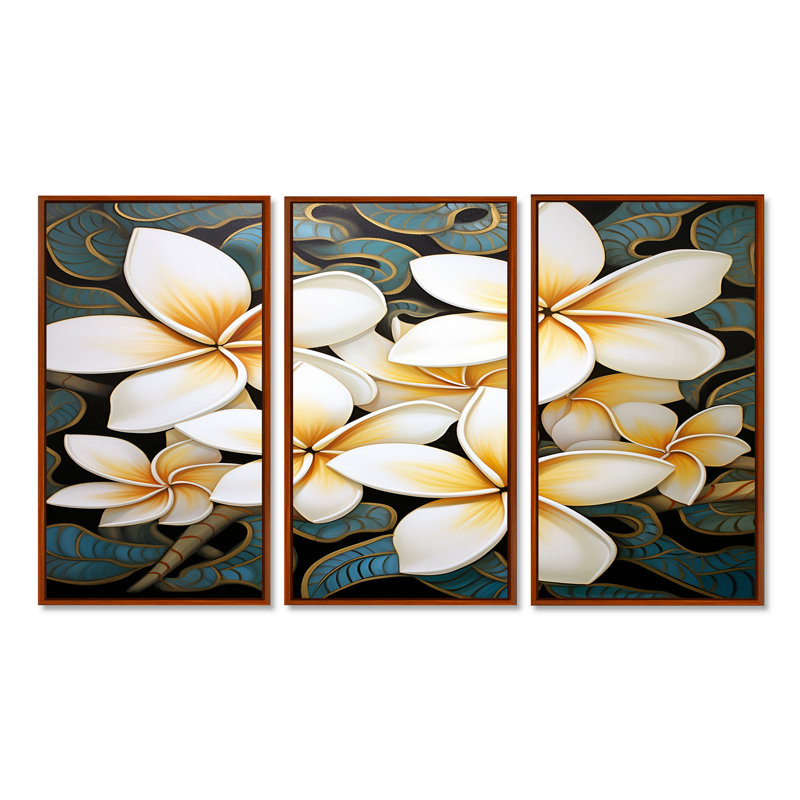 «White Plumeria Flower Retro Teal II» - ensemble d'art mural Plumeria, Brun, H 28 po x l 36 po